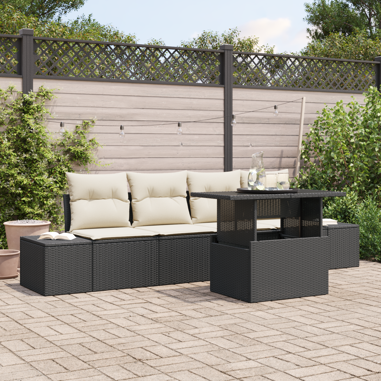 Set Divano Giardino 5 Pezzi con Cuscini Nero Polyrattan