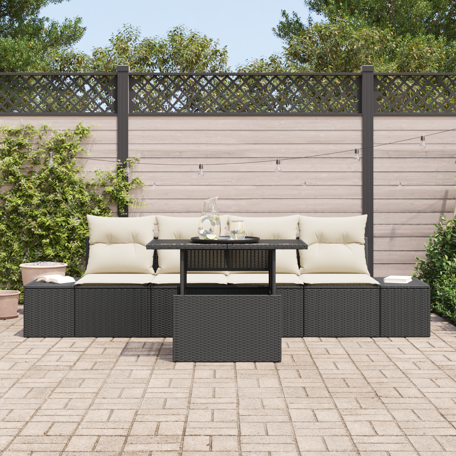 Set Divano Giardino 5 Pezzi con Cuscini Nero Polyrattan