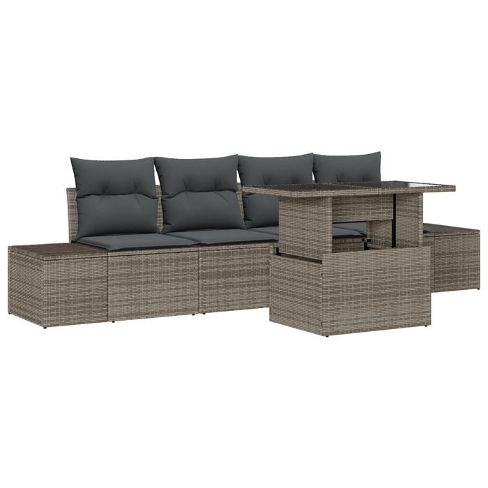 Set Divano da Giardino 5 Pezzi con Cuscini Grigio Polyrattan