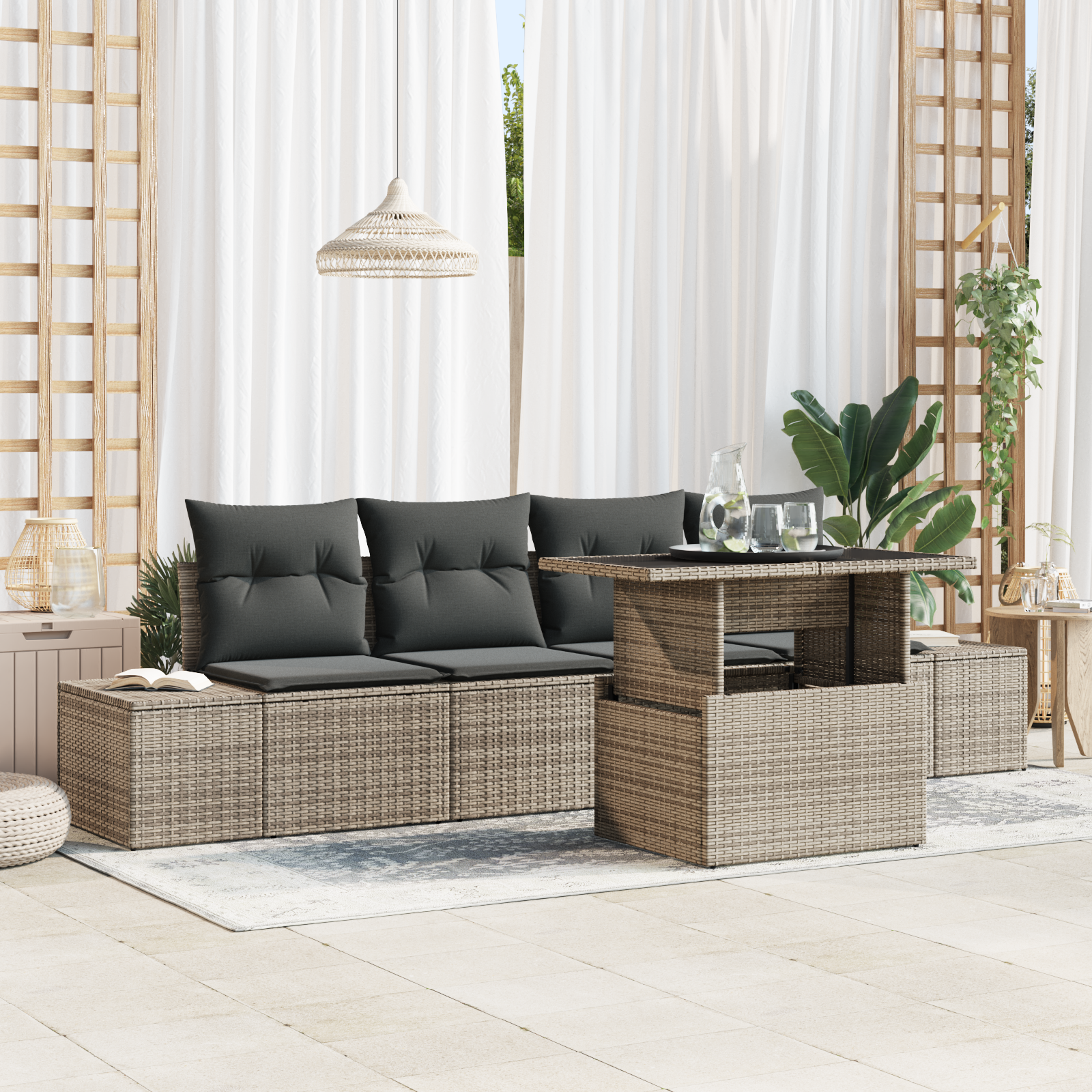 Set Divano da Giardino 5 Pezzi con Cuscini Grigio Polyrattan