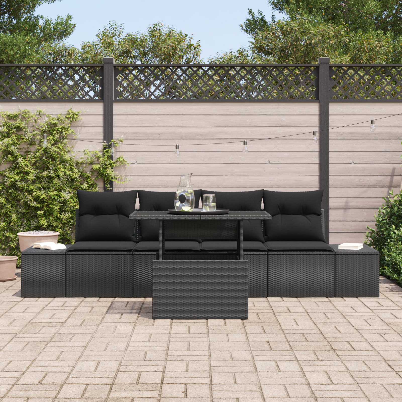 Set di 5 pezzi di divano da giardino con cuscini in polirattan nero
