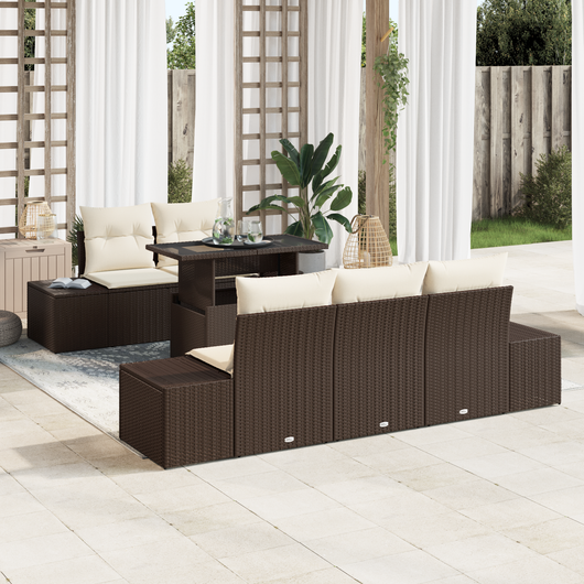 Set di divano da giardino 6 pezzi con cuscini marrone in polyrattan