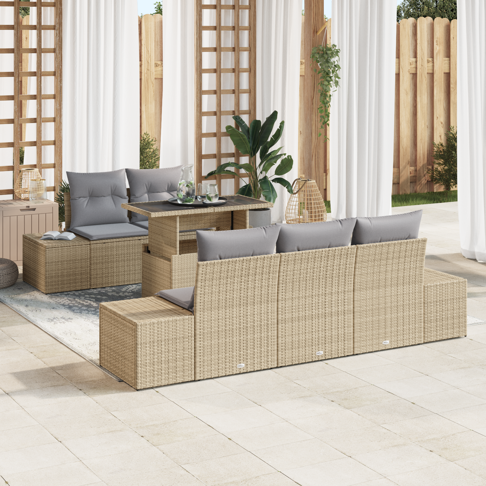 Set Divano da Giardino 6 Pezzi con Cuscini Beige Poly Rattan