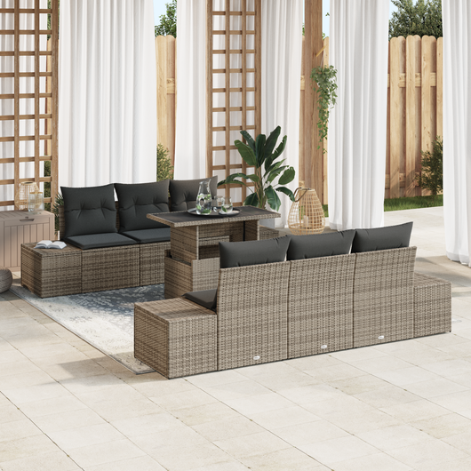 Set Divano da Giardino di 7 Pezzi con Cuscini Grigio Polyrattan