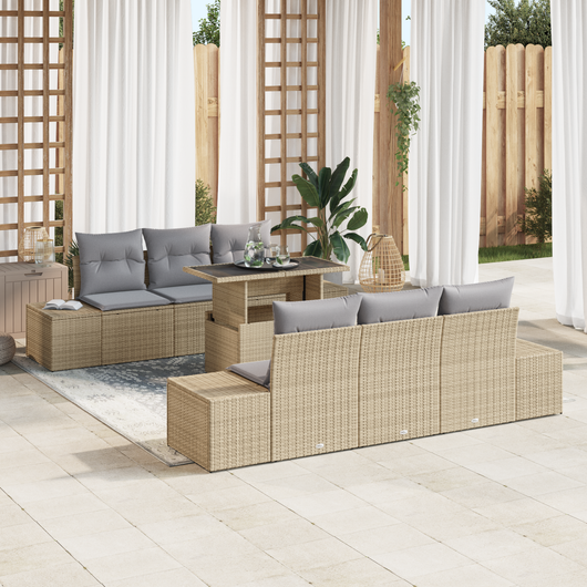 Set Divano da Giardino da 7 Pezzi con Cuscini Beige Polirattan