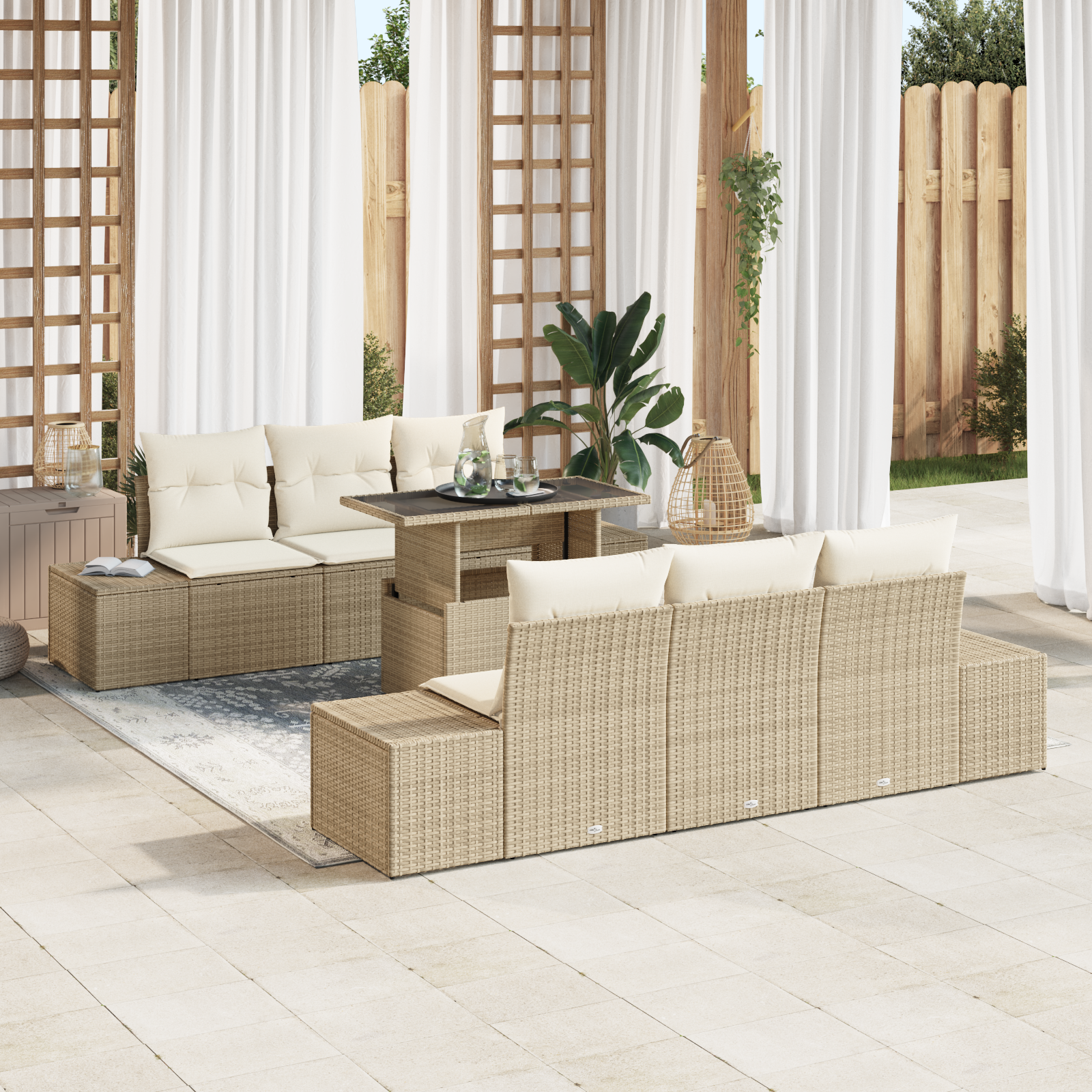 Set di Divani da Giardino da 7 Pezzi con Cuscini Beige in Polirattan
