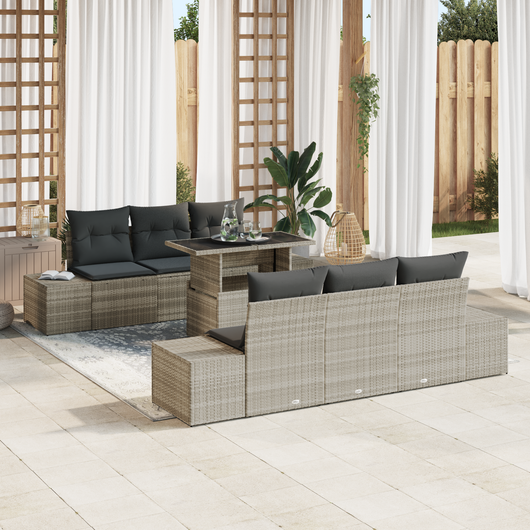 Set divano da giardino di 7 pezzi con cuscini in polyrattan grigio chiaro