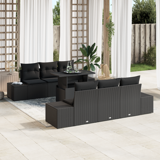 Set di divani da giardino 7 pezzi con cuscini nero in polirattan