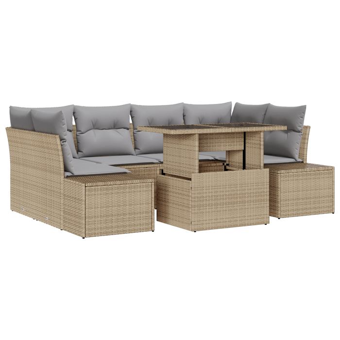 Set Divano da Giardino da 7 Pezzi con Cuscini Beige in Polyrattan