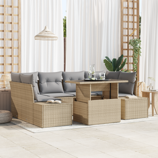 Set Divano da Giardino da 7 Pezzi con Cuscini Beige in Polyrattan