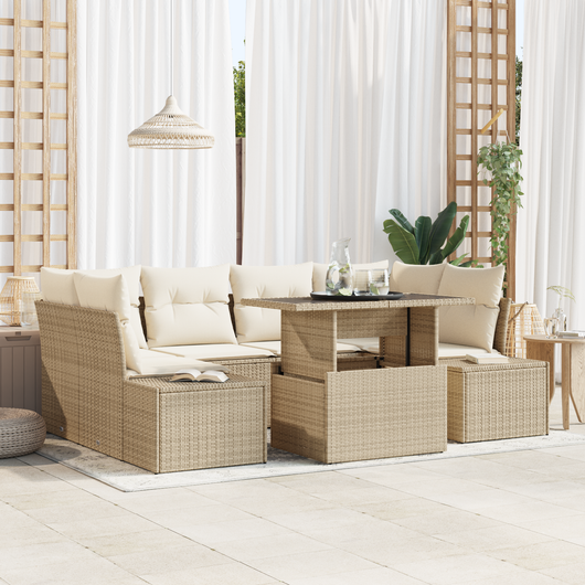 Set divano giardino 7 pezzi con cuscini Beige Polyrattan