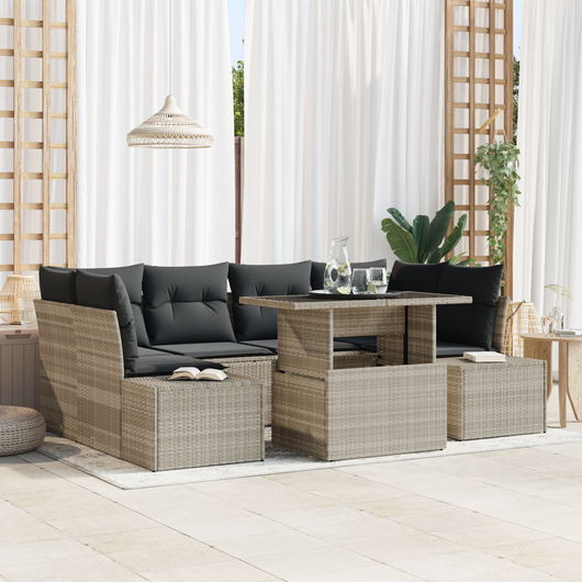 Set Divano da Giardino 7 Pezzi con Cuscini Grigio Chiaro Polyrattan
