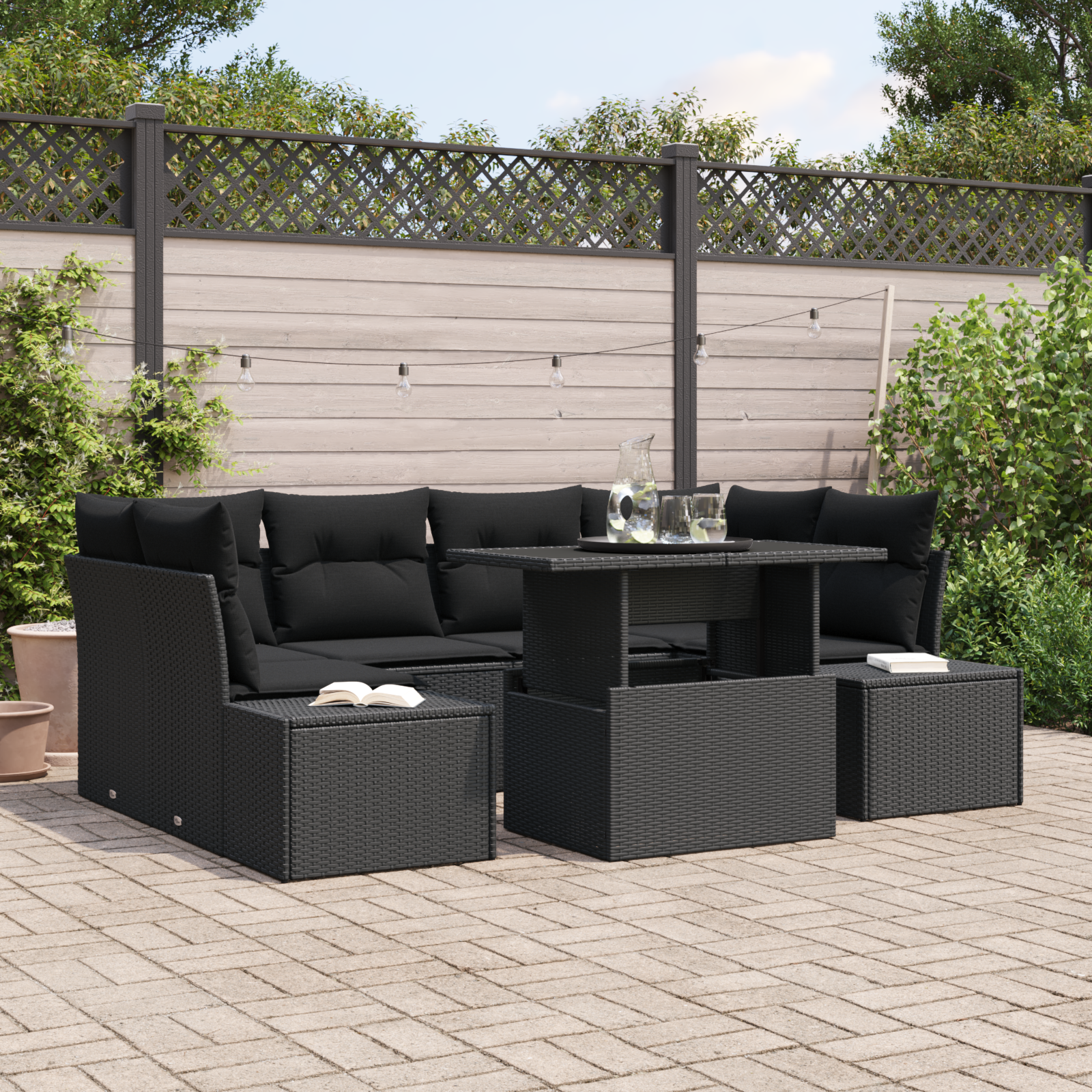 Set Divano Giardino 7 Pezzi con Cuscini Nero Polyrattan
