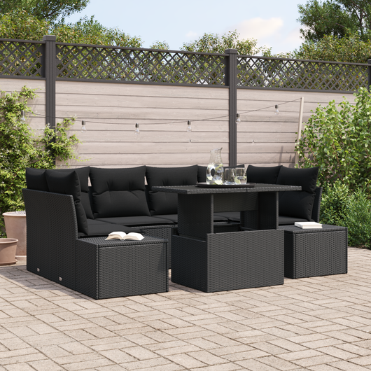 Set Divano Giardino 7 Pezzi con Cuscini Nero Polyrattan