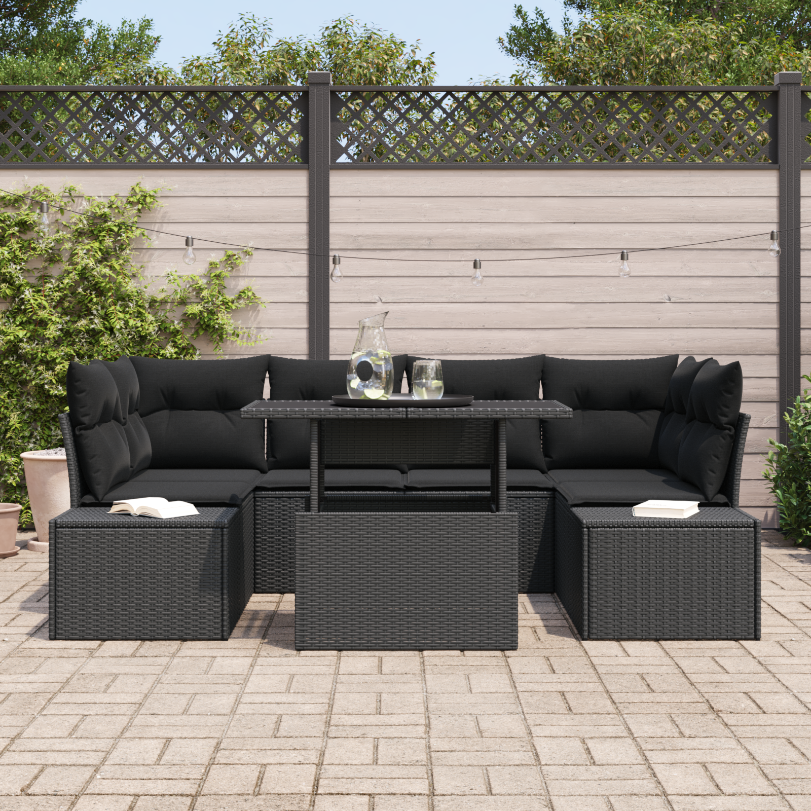 Set Divano Giardino 7 Pezzi con Cuscini Nero Polyrattan