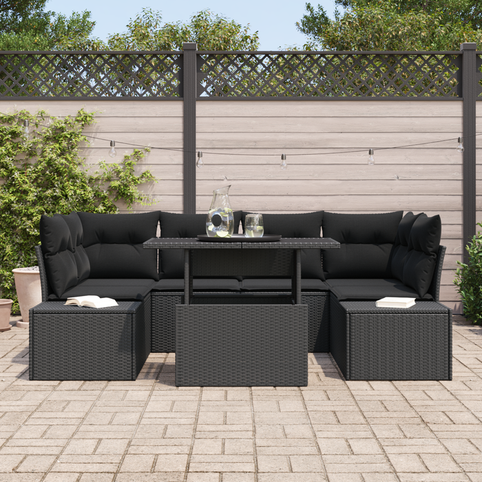 Set Divano Giardino 7 Pezzi con Cuscini Nero Polyrattan