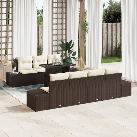 Set Divano da Giardino 8 Pezzi con Cuscini Marrone Poly Rattan