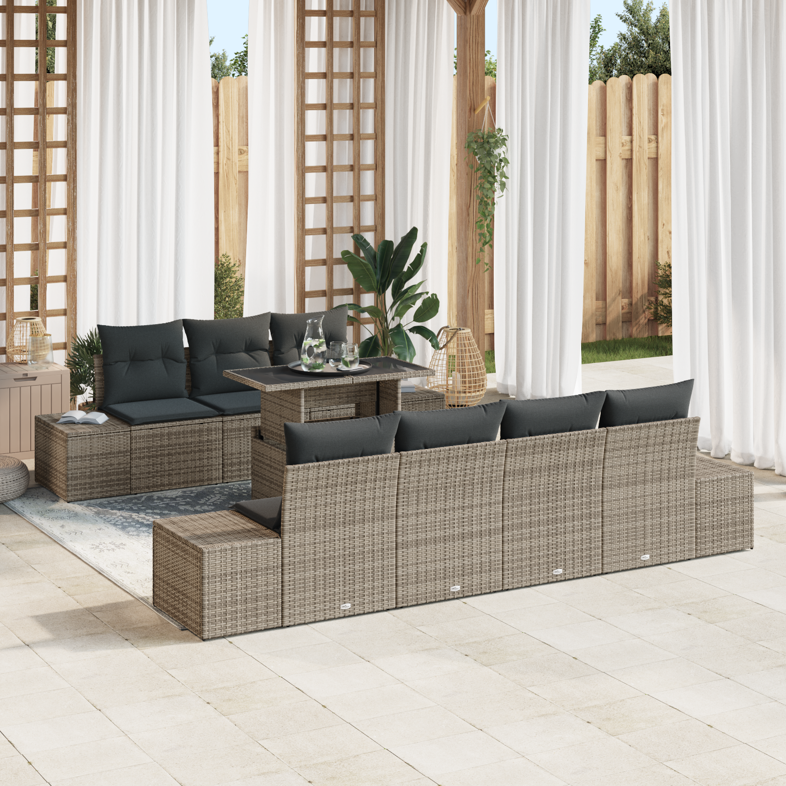 Set Divano da Giardino da 8 Pezzi con Cuscini Grigio Polyrattan