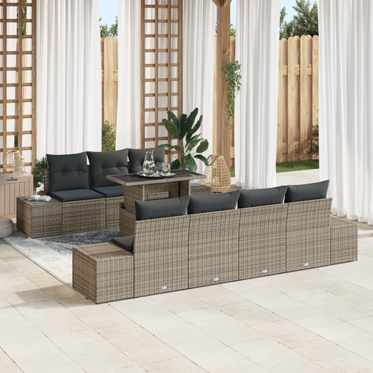 Set Divano da Giardino da 8 Pezzi con Cuscini Grigio Polyrattan