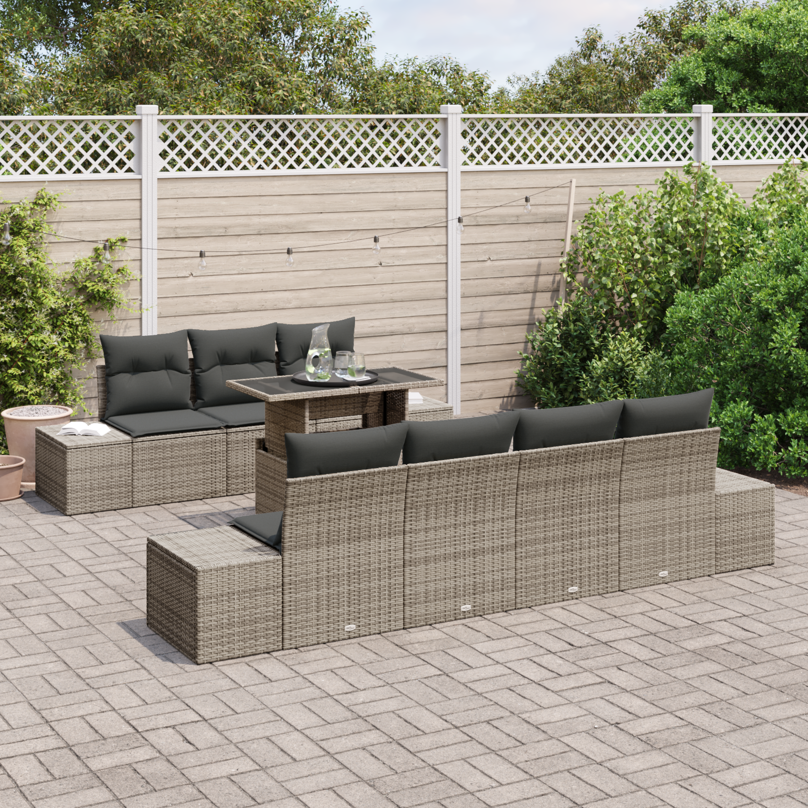 Set Divano da Giardino da 8 Pezzi con Cuscini Grigio Polyrattan