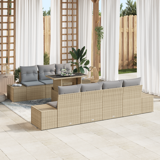 Set Divano da Giardino da 8 Pezzi con Cuscini Beige Rattan Polietilene