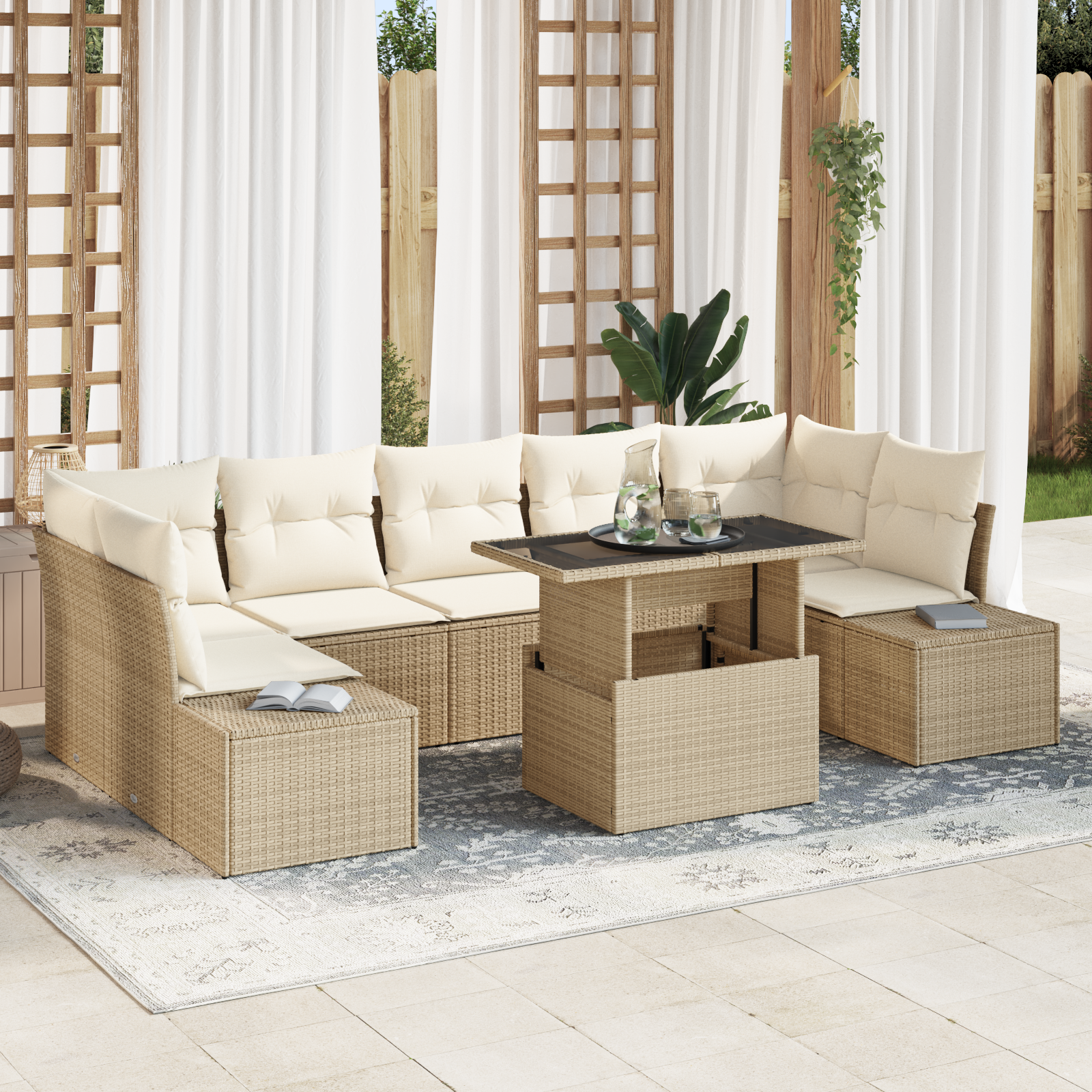 Set Divano da Giardino 8 Pezzi con Cuscini Beige Polyrattan