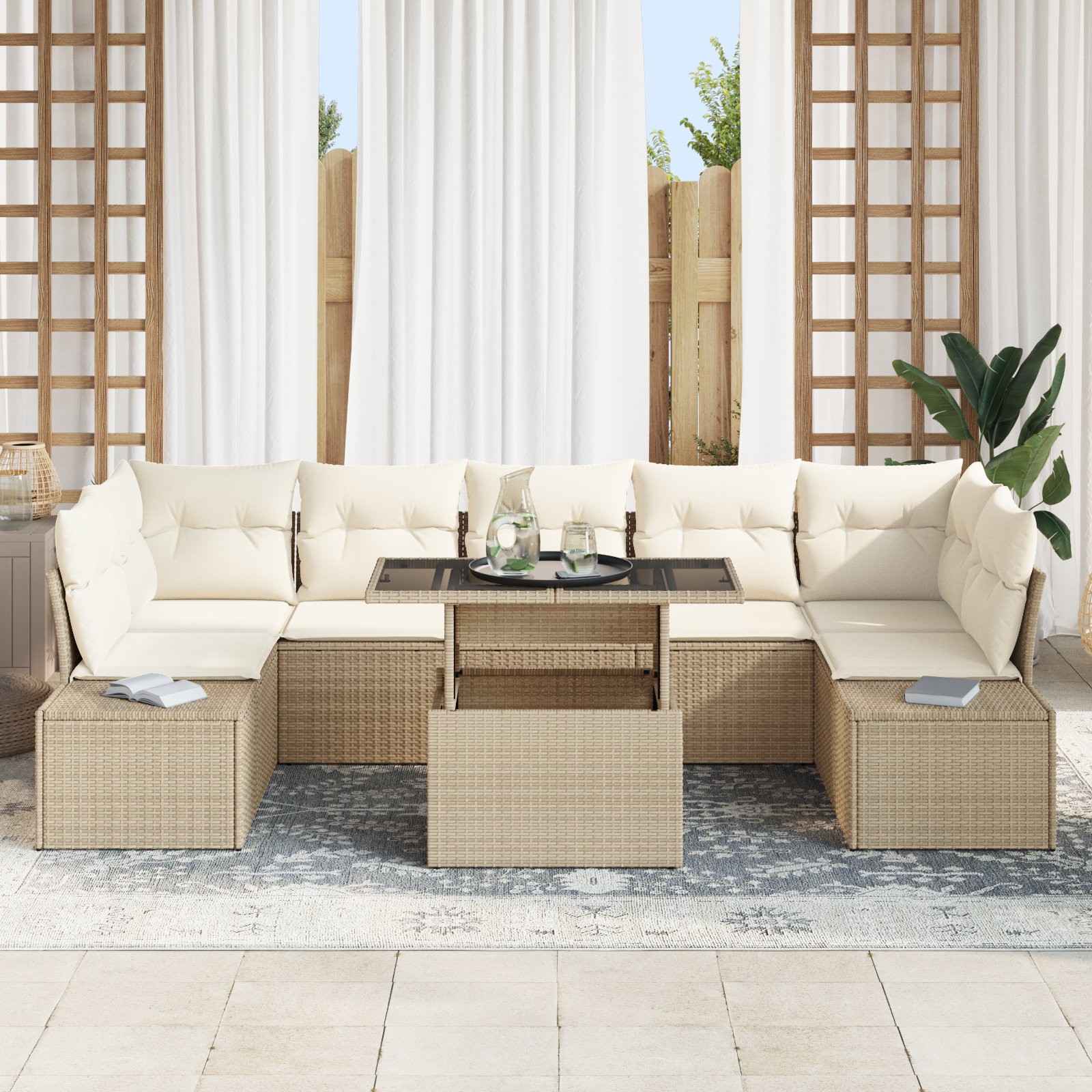 Set Divano da Giardino 8 Pezzi con Cuscini Beige Polyrattan