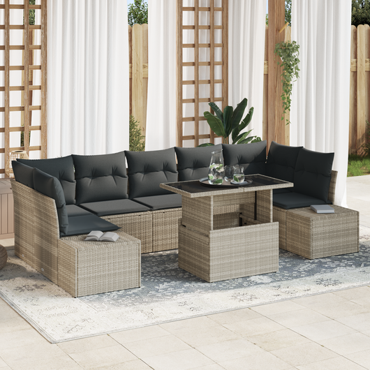 Set divani giardino 8 pezzi con cuscini grigio chiaro in rattan polipropilene
