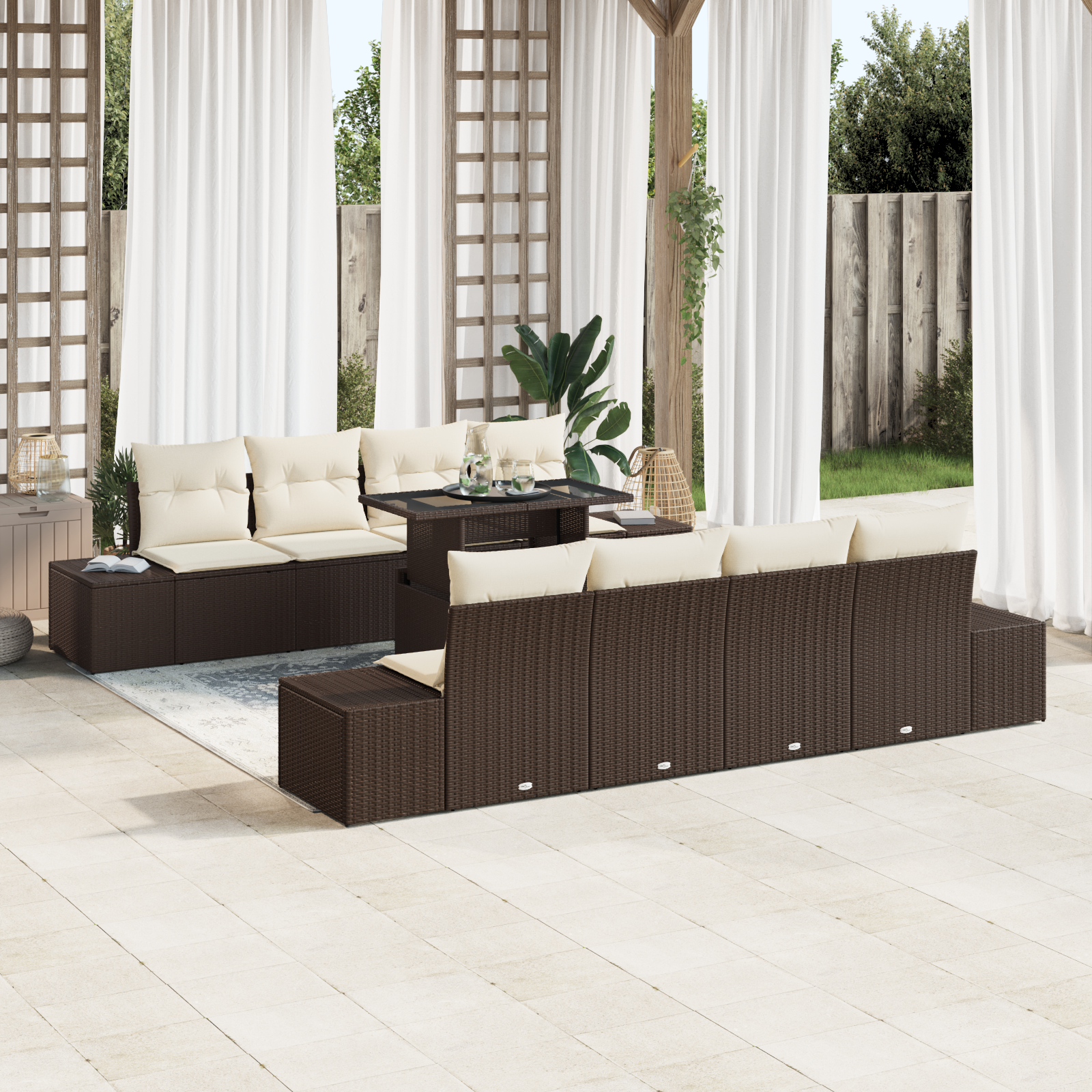 Set divano da giardino 9 pezzi con cuscini marrone polyrattan