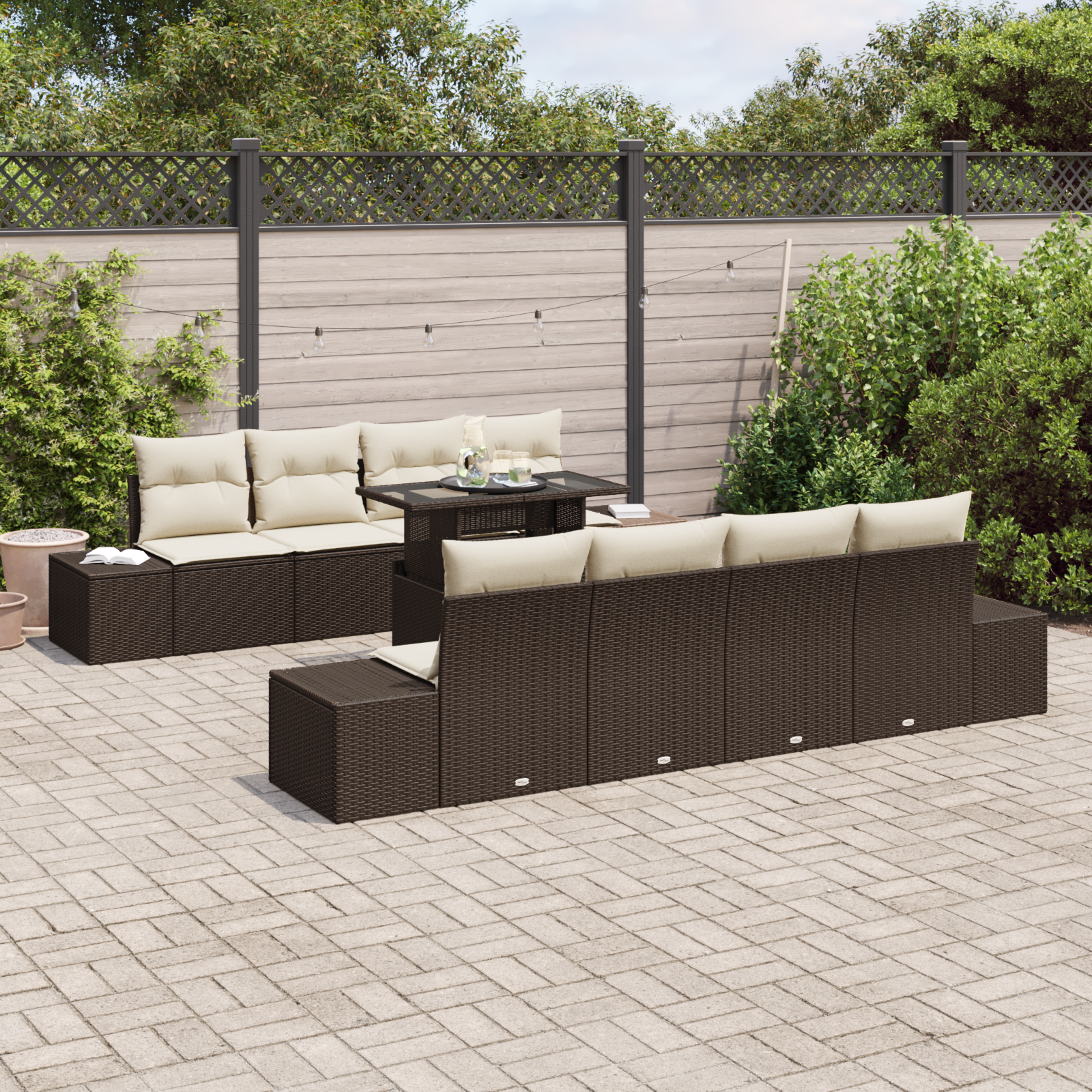 Set divano da giardino 9 pezzi con cuscini marrone polyrattan