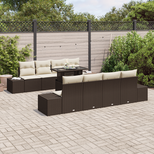 Set divano da giardino 9 pezzi con cuscini marrone polyrattan