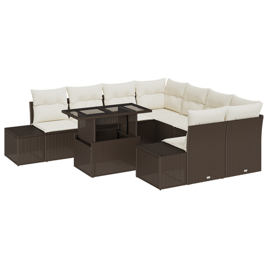 Set di Divani da Giardino 9 Pezzi con Cuscini Marrone Polyrattan