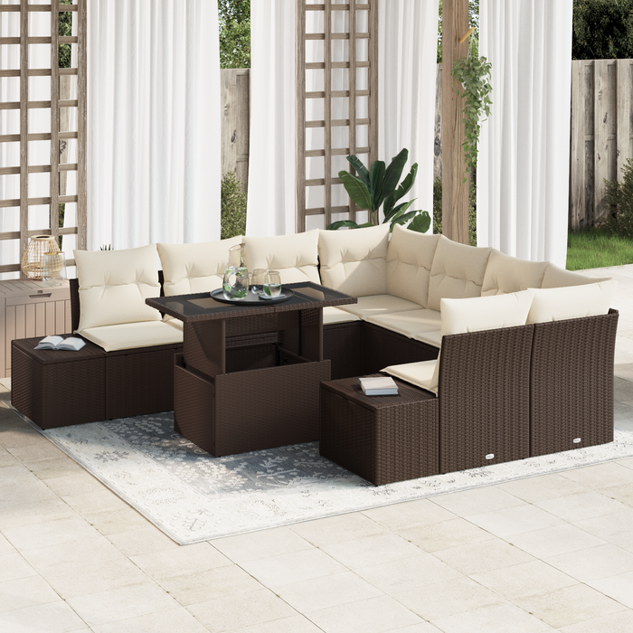 Set di Divani da Giardino 9 Pezzi con Cuscini Marrone Polyrattan