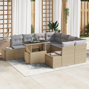 Set di Divani da Giardino 9 Pezzi con Cuscini Beige Polyrattan