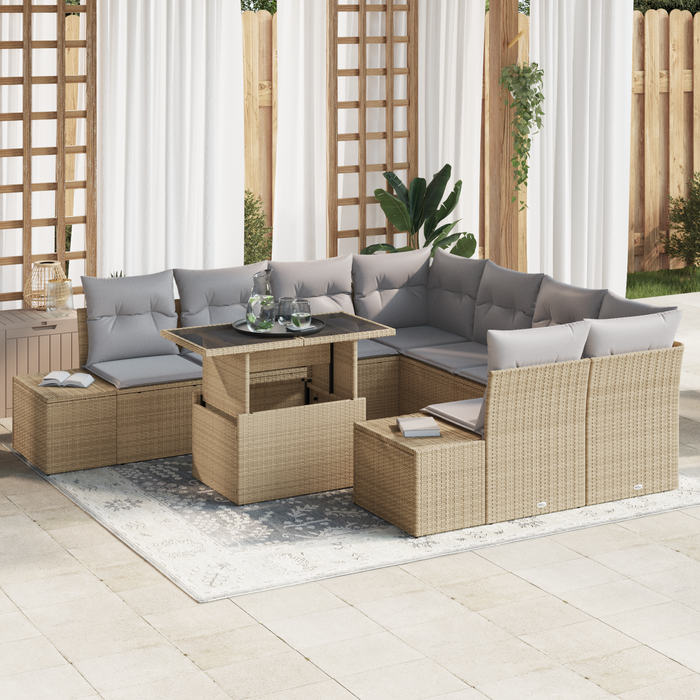 Set di Divani da Giardino 9 Pezzi con Cuscini Beige Polyrattan