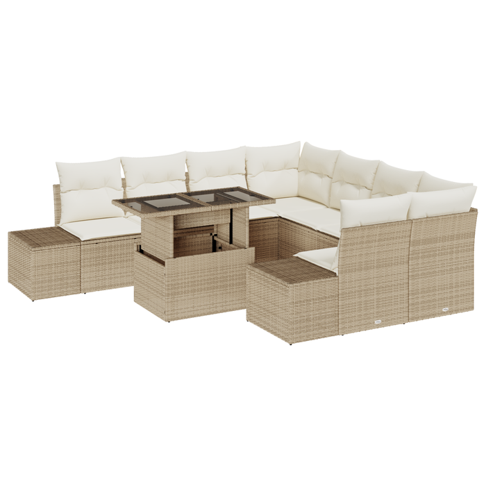 Set da Divano da Giardino 9 Pezzi con Cuscini Beige Rattan Plastico