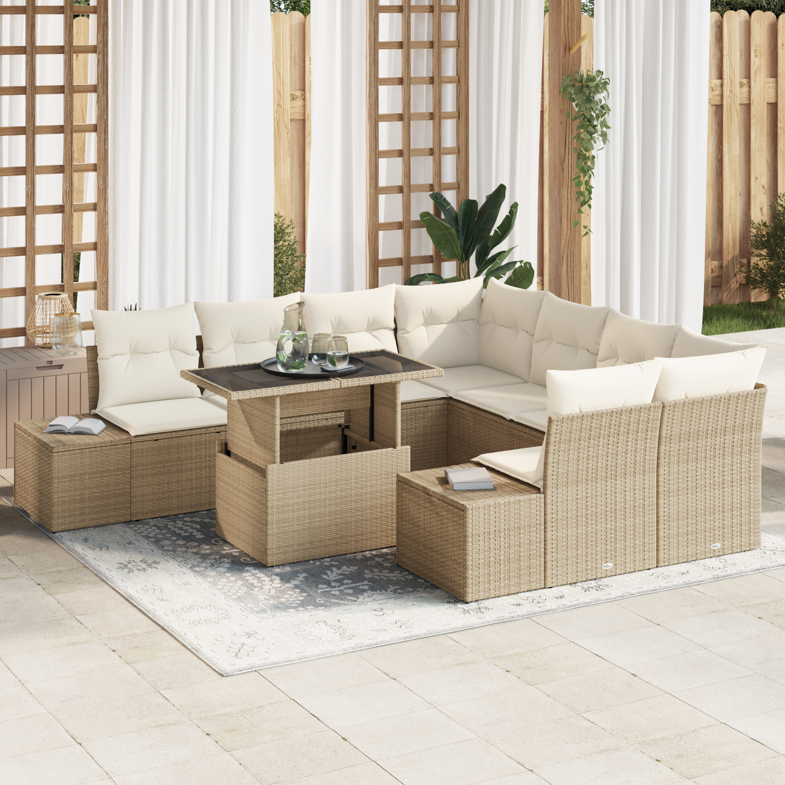 Set da Divano da Giardino 9 Pezzi con Cuscini Beige Rattan Plastico