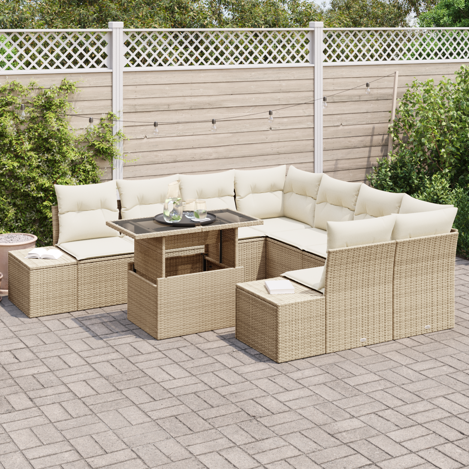 Set da Divano da Giardino 9 Pezzi con Cuscini Beige Rattan Plastico