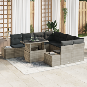 Set Divano da Giardino 9 Pezzi con Cuscini Rattan Polyrattan Grigio Chiaro