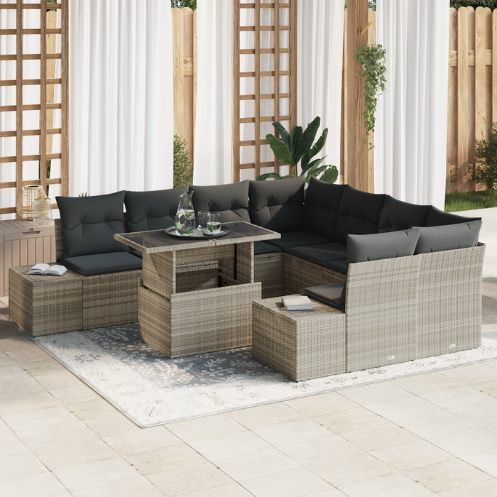 Set Divano da Giardino 9 Pezzi con Cuscini Rattan Polyrattan Grigio Chiaro