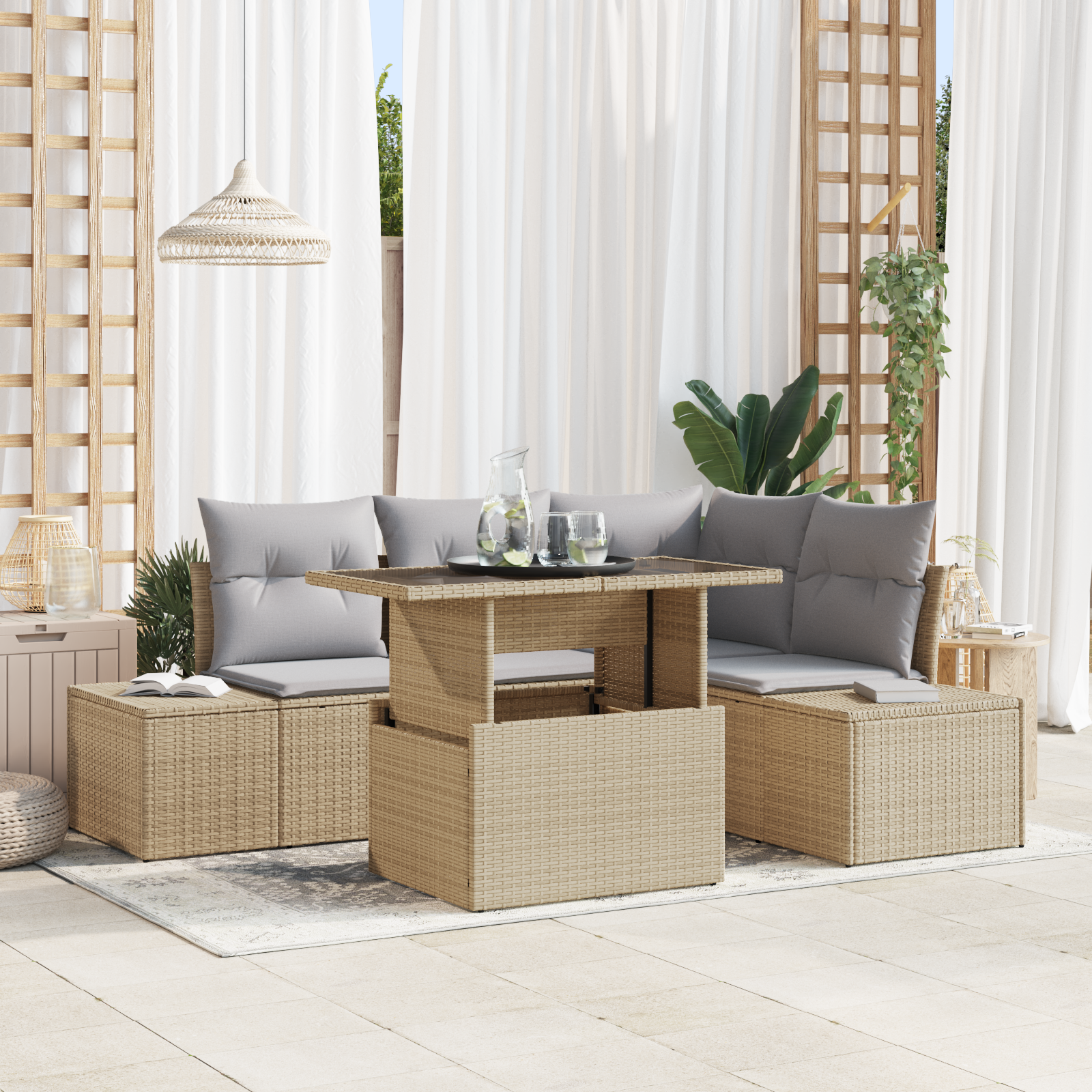 Set di Divani da Giardino da 5 Pezzi con Cuscini Beige in Rattan Sintetico
