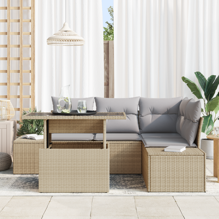 Set di Divani da Giardino da 5 Pezzi con Cuscini Beige in Rattan Sintetico