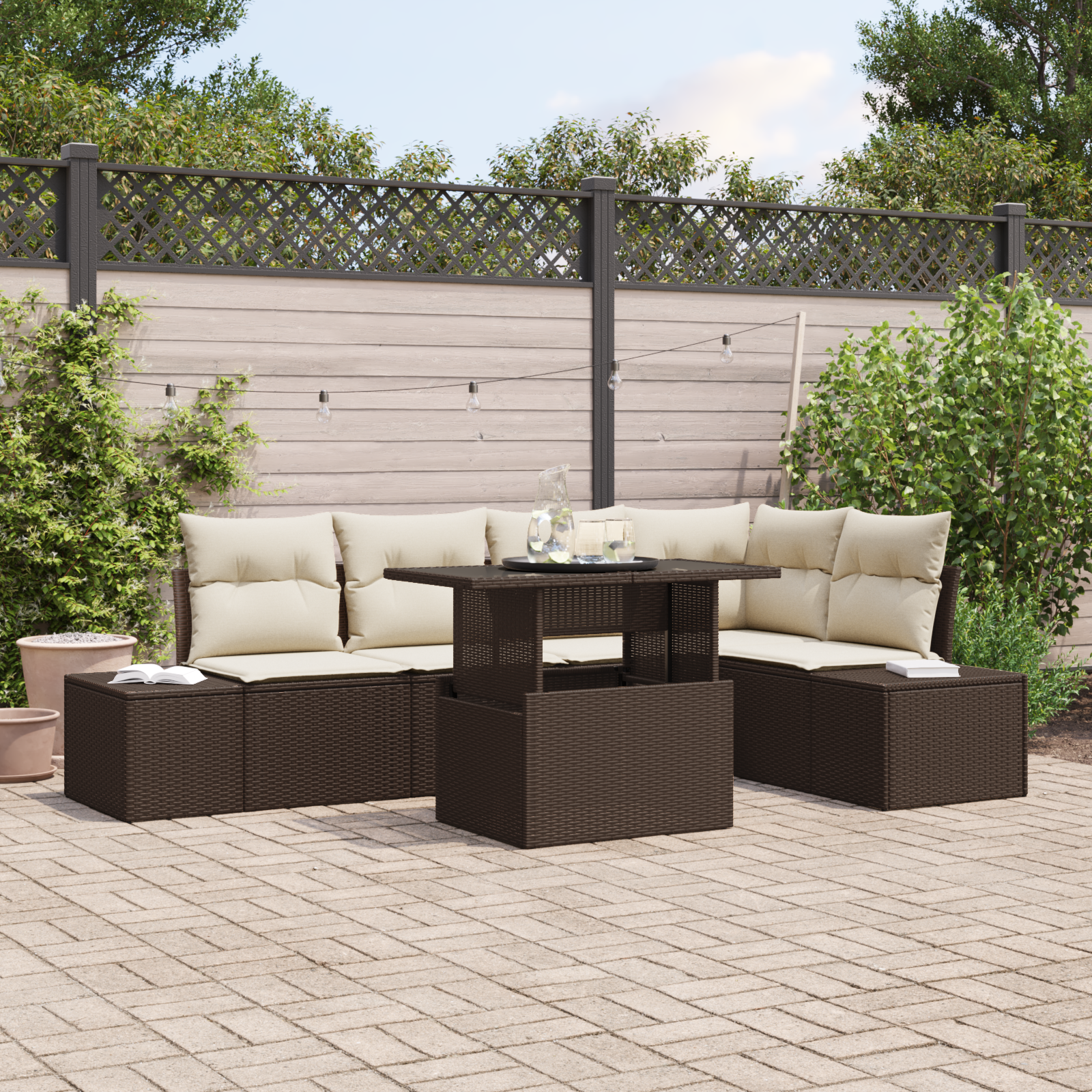 Set divano da giardino 6 pezzi con cuscini marrone in polyrattan