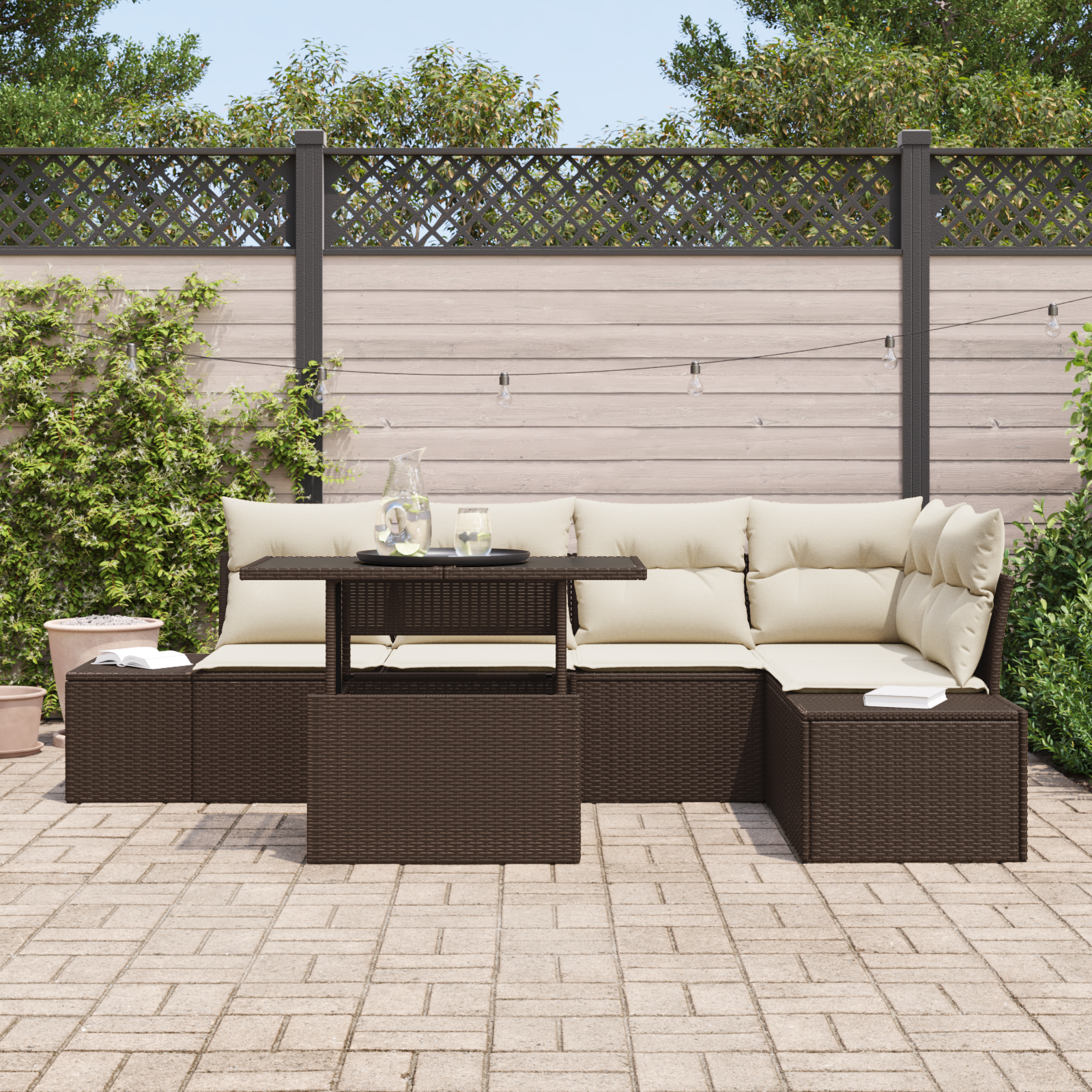 Set divano da giardino 6 pezzi con cuscini marrone in polyrattan