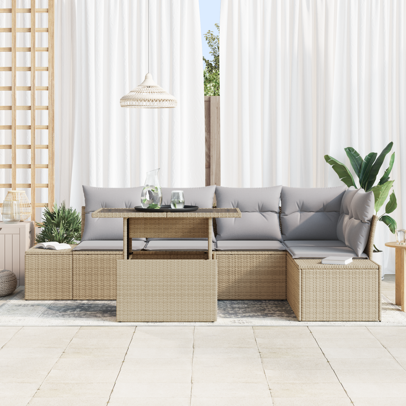 Set Divano da Giardino 6 Pezzi con Cuscini Beige Rattan