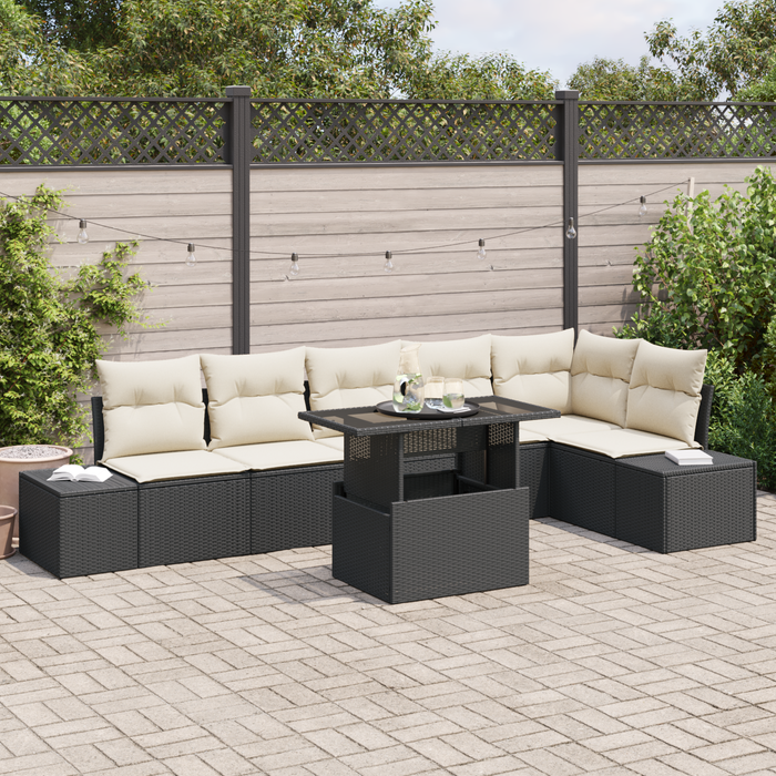 Set di divani da giardino da 7 pezzi con cuscini in rattan nero
