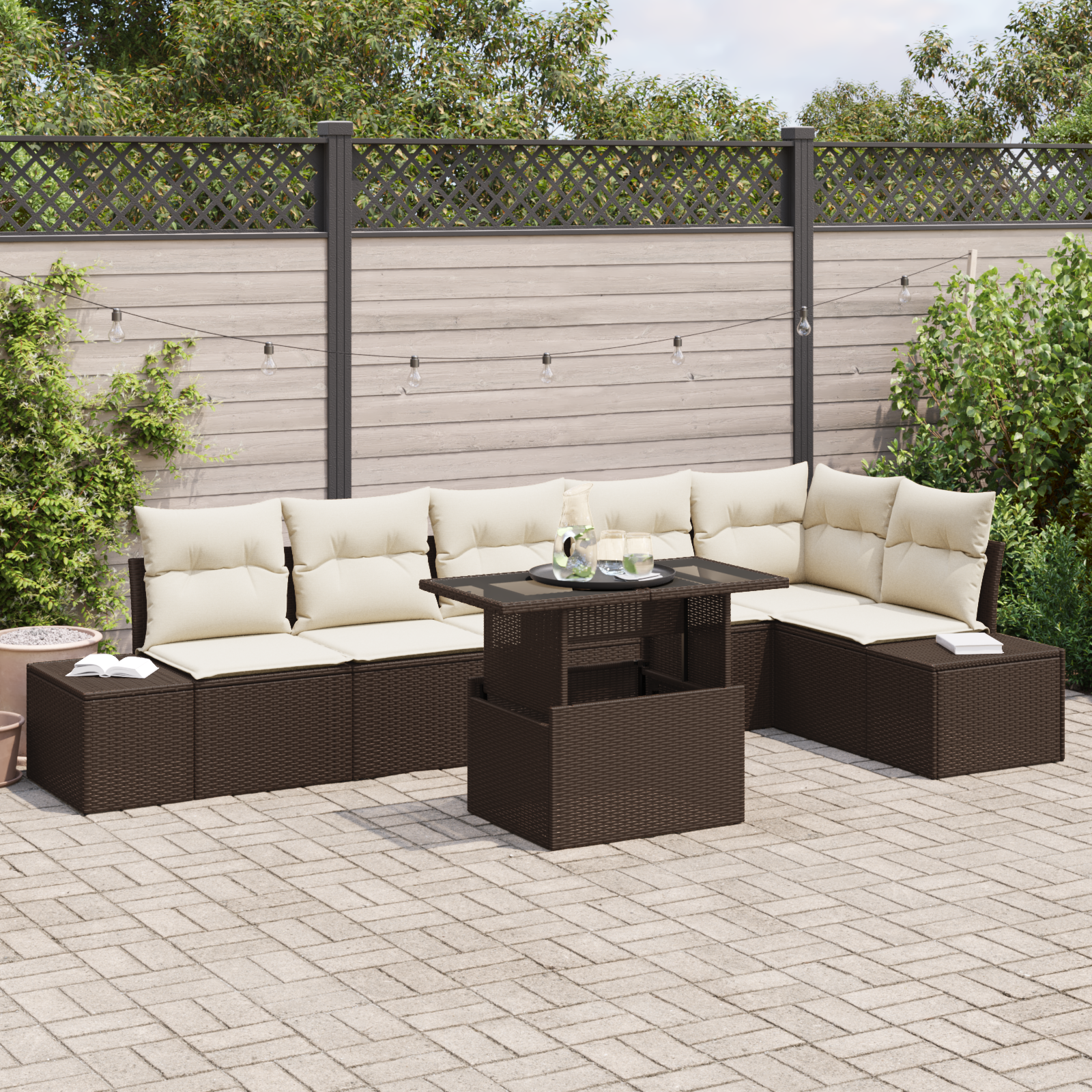 Set Divano Giardino da 7 pezzi con Cuscini Rattan Polietilene Marrone