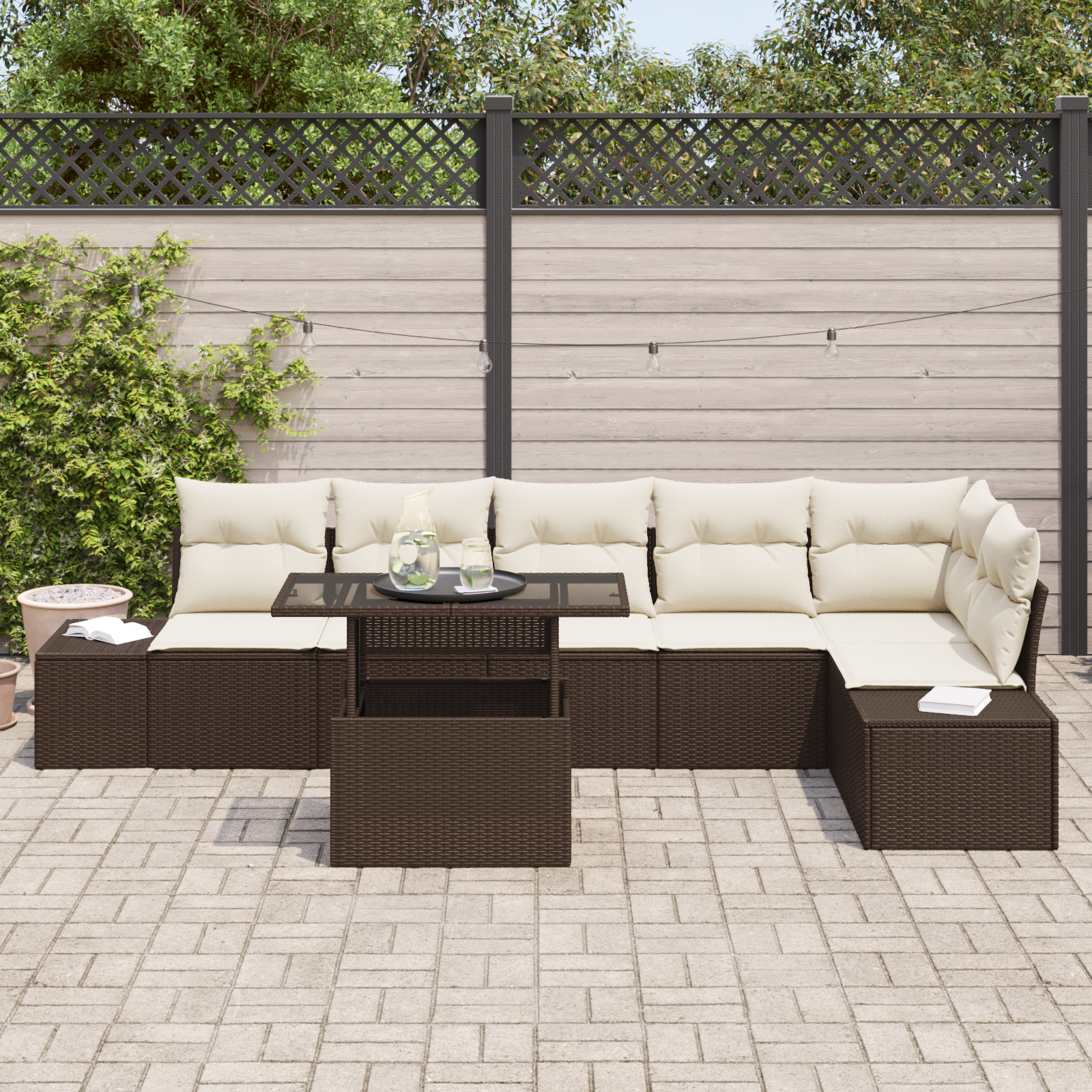 Set Divano Giardino da 7 pezzi con Cuscini Rattan Polietilene Marrone