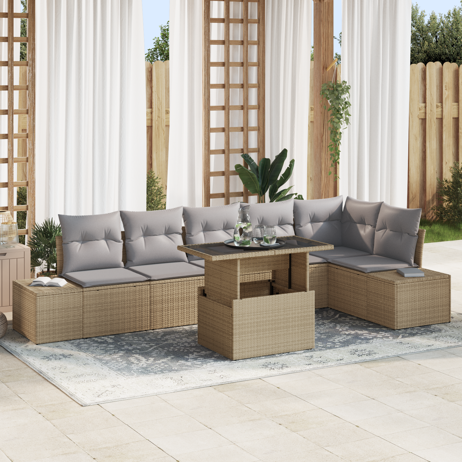 Set divano giardino 7 pezzi con cuscini beige rattan poliestere