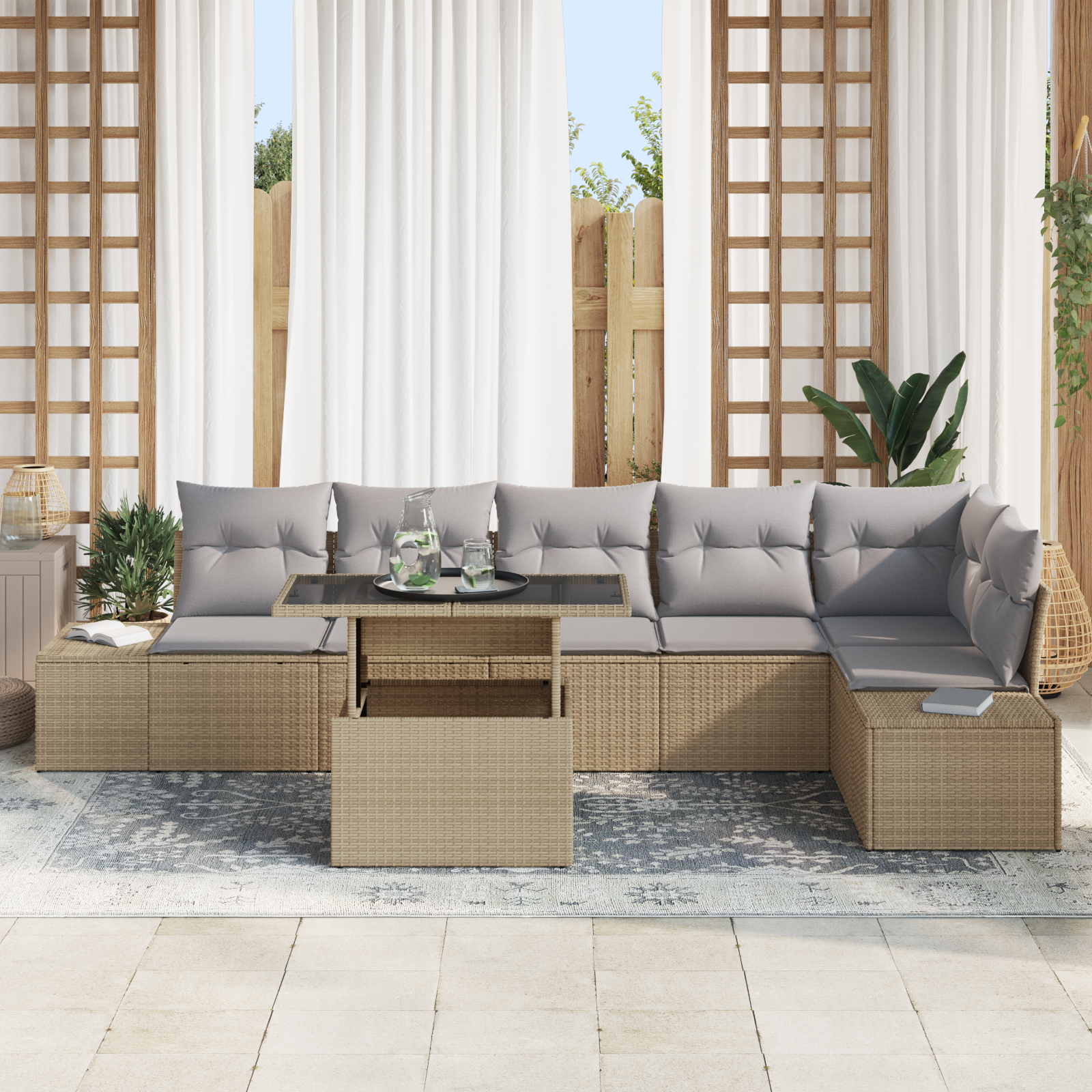 Set divano giardino 7 pezzi con cuscini beige rattan poliestere